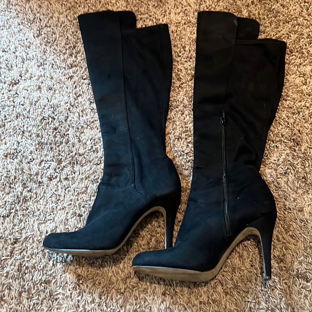 Knee high black suede boots